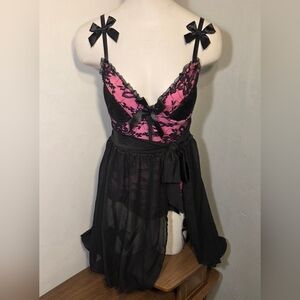 NWOT Ravensware Elegant Black and Pink Lace Babydoll Lingerie